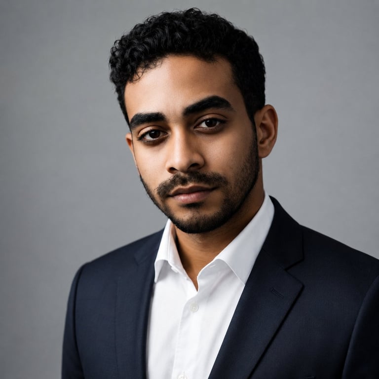 Professional headshot of a man with dark curly hair, facial hair, wearing a dark blazer and white dress shirt against a gray background
